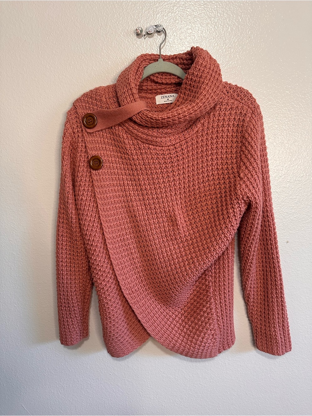 Zenana Outfitters Mauve Pink Button-Detail Cowl Sweater